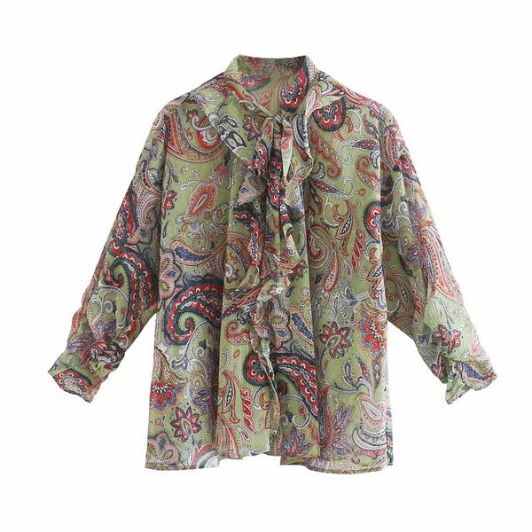 

2020 women's blouses shirts summer chic harbor style bow neckline ribbon cashew print shirt long-sleeved loose base blouse, White