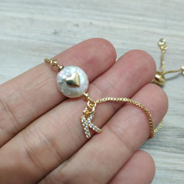 

gold tiny heart whtie cz initial 26 alphabet letter name charm freshwater pearl bead gold link bracelets for women, Black