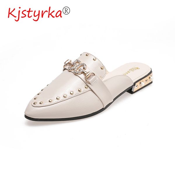 

2020 mule shoes women flat slip on half slippers ladies leather slides female summer fashion dress party shoes, Black