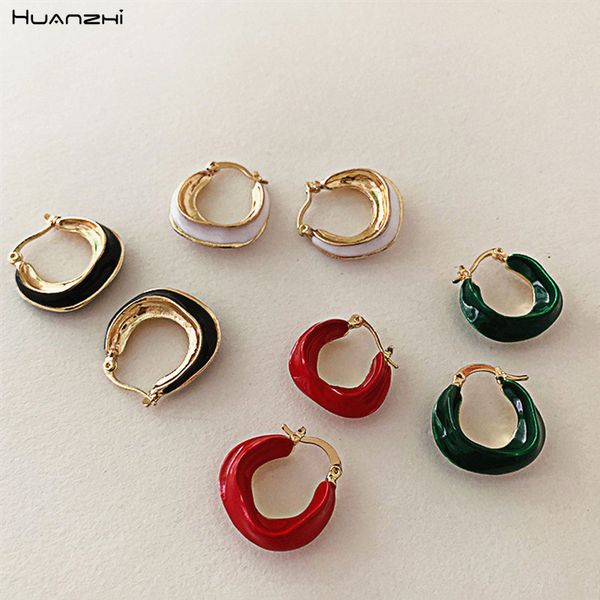 

huanzhi 2020 new trendy retro multicolor enamel metal geometric irregular golden brass hoop earrings for women girls jewelry, Golden;silver