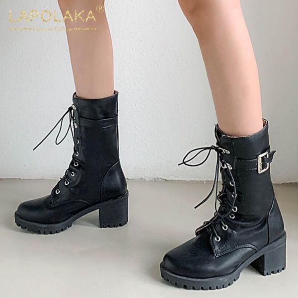 

lapolaka new fashion plus size 45 buckle decoration shoes lady boots woman chunky heels lace up concise fashion boots female, Black