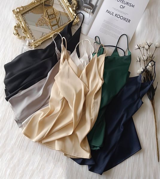 

лето crop top женщина camis шелкового сатин верхняя часть бака женщины камзол без рукавов жилет белого tops roupas фемин обрезанного 2020 cr, Black;white