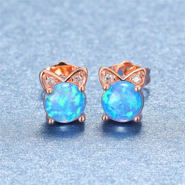 

simple female blue round opal earrings rose gold silver color stud earrings charm crystal cat wedding for women, Golden;silver