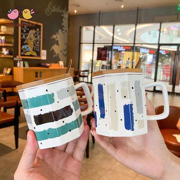 

310ml fresh colorful stripe wooden cover polygon coffee cups drink mug with spoon