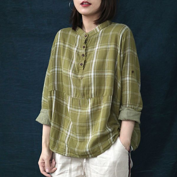 

johnature women vintage cotton linen shirts stand long sleeve blouses patchwork button 2020 new summer casual female loose shirt, White
