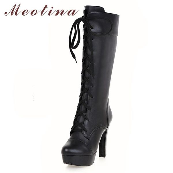 

meotina winter knee high boots women lace up platform thick heel long boots fashion super high heel shoes lady autumn size 33-43, Black