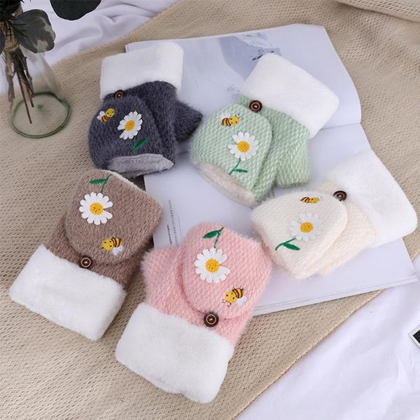 

five fingers gloves autumn winter women flip daisy embroidery outdoors warm plus velvet thickening half-finger mittens, Blue;gray