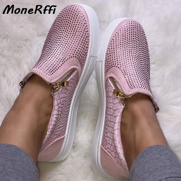 

loafers shoes women summer slip flats stone pattern espadrilles crystal shinning women shoes zipper summer walking shoe, Black
