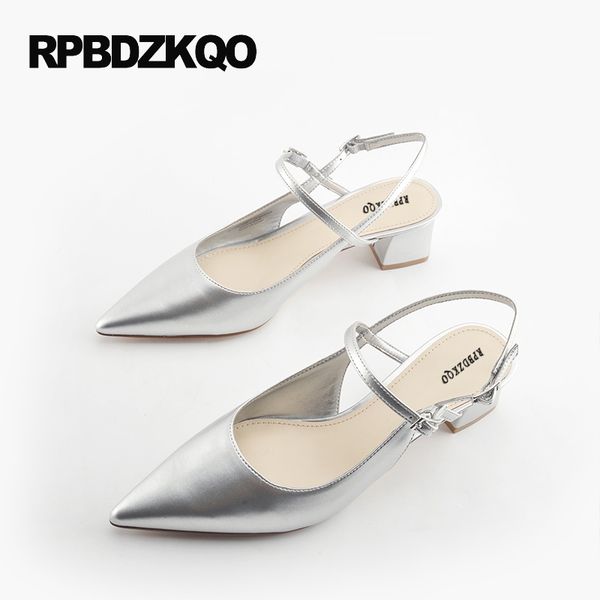 

female block heels slingback silver 2020 medium thick ladies ankle strap size 4 34 summer patent leather pointed toe high china, Black