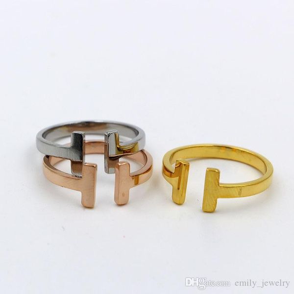 

316l stainless steel fashion double t ring jewelry for woman man lover rings 18k gold-color and rose jewelry bijoux no have any logo, Silver