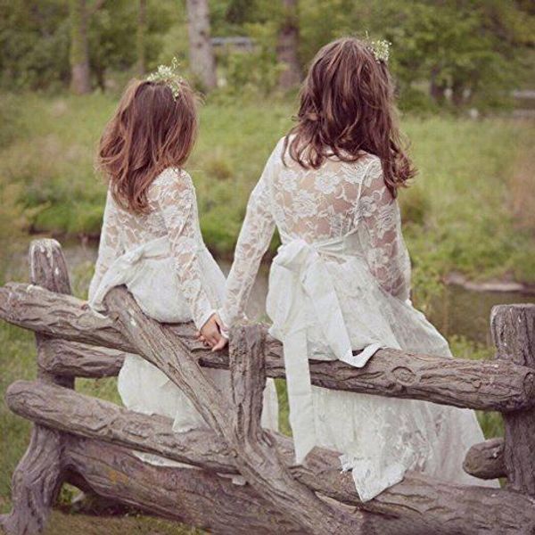 

2018 Cute Flower Girl Dresses Sheer Jewel Neck Long Sleeves Lace with Sash Back Girl Formal Party Wear Birthday Communion Dress MC1479