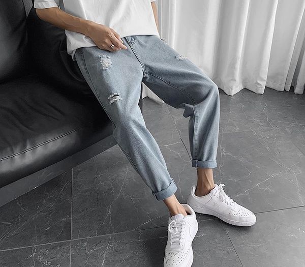 

new men's casual jeans fashion trend street men's trousers solid color loose hole jeans thin summer pants blue xxl