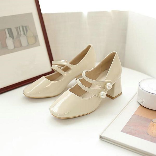 

mary jane patent leather square toe high heels 2020 autumn handmade pearl buckle double belt thick heel women's single shoes, Black