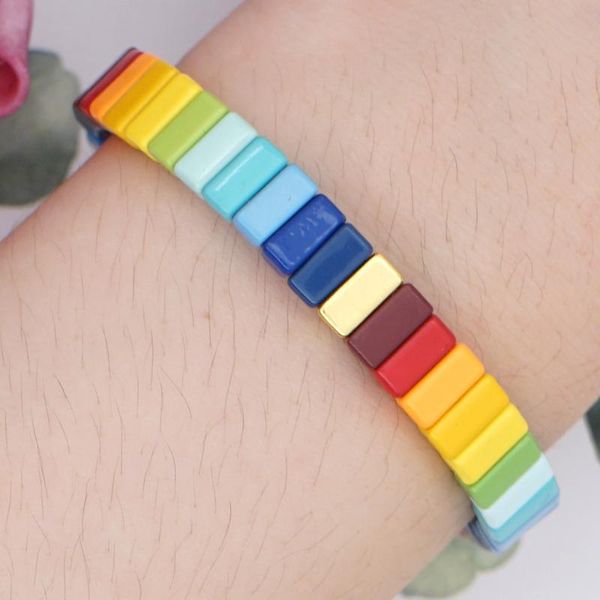 

2020 new bohemia alloy painted rainbow tile enamel beads bracelet sweet colorful epoxy elastic string handmade bracelet, Black