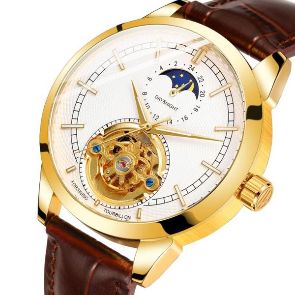 

2020 new men's watch moon phase automatic mechanical watches men toubillon wristwatch male clock relogio masculino, Slivery;brown