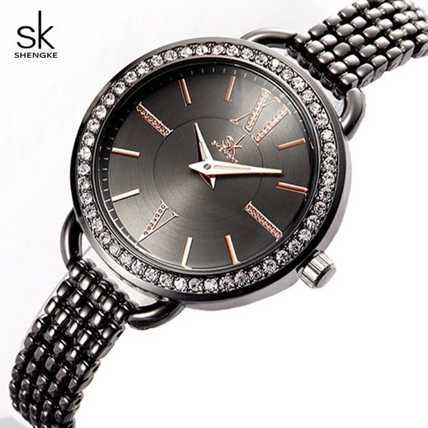 

shengke women watches alloy chain hook buckle strap rhinestone mosaic hardlex dial ladies waterproof luxury wristwatch k0089, Slivery;brown