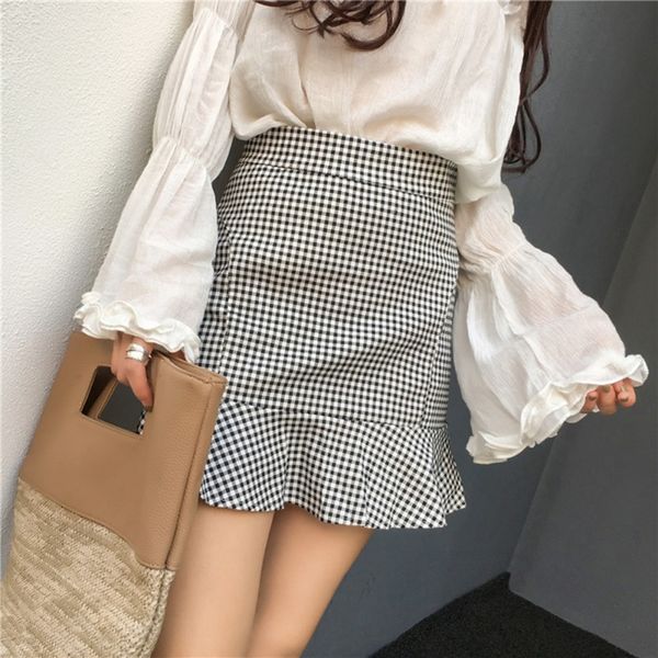 

blackday fashion new slim high waist plaid short skirt women ruffled fishtail skirt slim sweet a-word short skirt new, Black