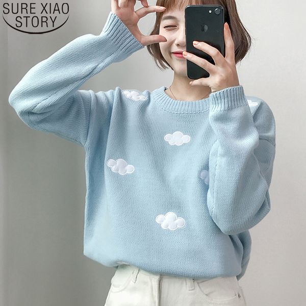 

women sweet preppy style clouds embroidery sweater female korean sky blue thick cute loose harajuku clothing for women 10897, White;black
