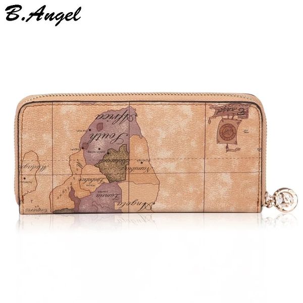 

waterproof vintage long leather map pattern wallet purse for women and men travel style zipper clutch wallet purse(brown&white, Red;black
