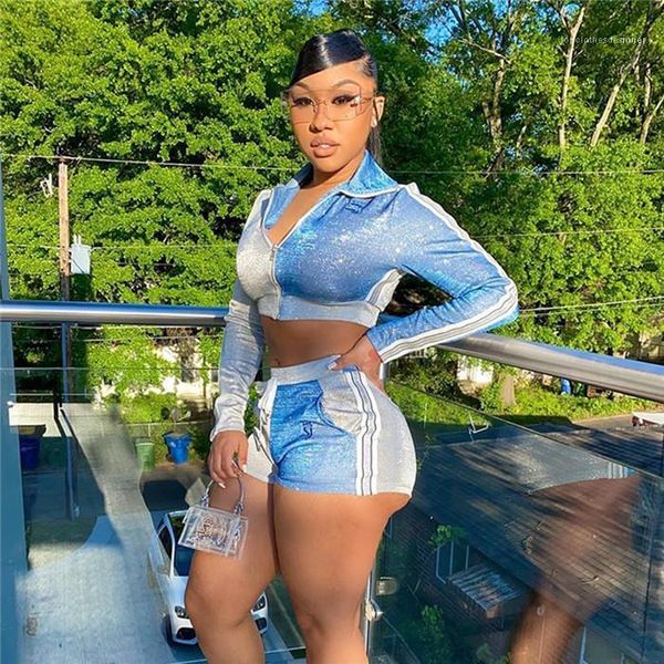

zipper long sleeve female 2pcs sequins womens tracksuits club lapel neck cardigan middle waist shorts womens designer tracksuits, Gray