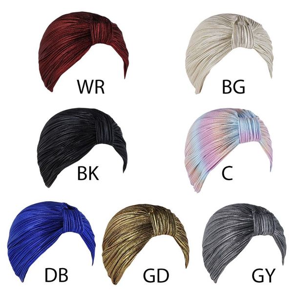 

women wrinkled knotted turban hat rave hologram shimmer solid color india muslim chemo cap stretch hair loss beanie head wrap, Blue;gray