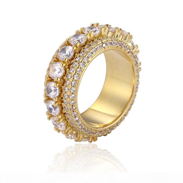 

hip hop iced out 3row cubic zircon spinner rings copper gold silver plated men bling jewelry gift, Golden;silver