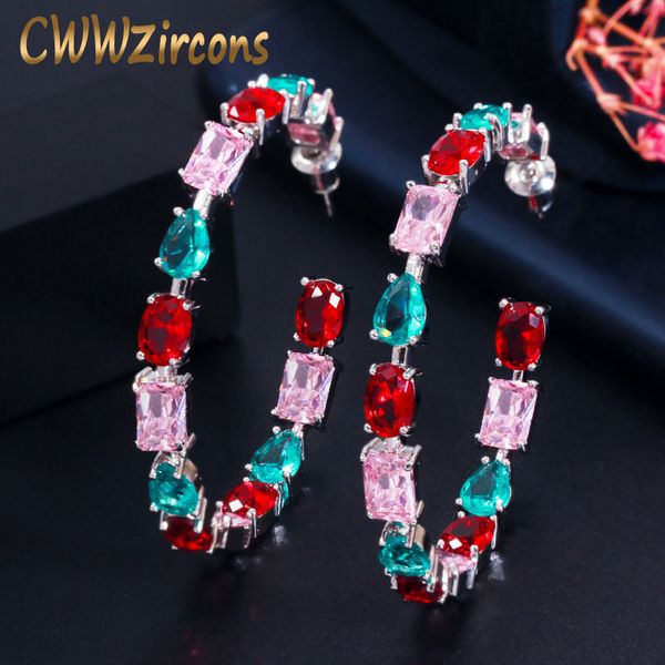 

hoop & huggie cwwzircons gorgeous pink red cubic zircon crystal large round earrings for ladies fashion party jewelry accessories cz760, Golden;silver