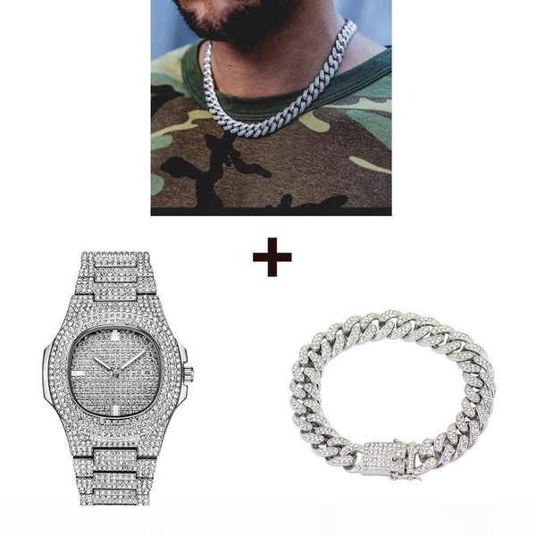 

silver necklace+watch+bracelet 3set hip hop miami curb cuban chain bling iced out paved rhinestones cz rapper for men jewelry
