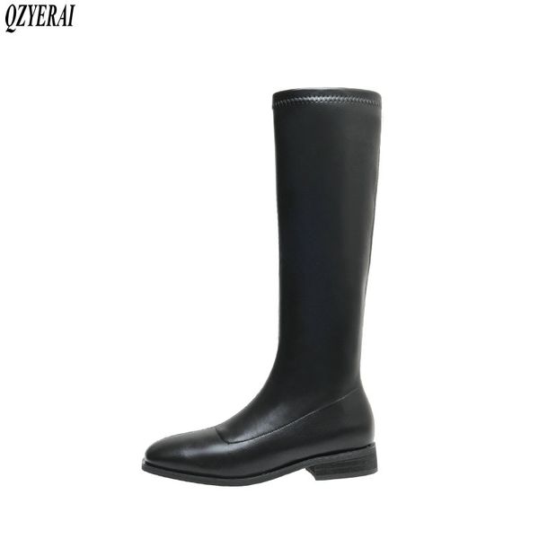 

brand knee high boots genuine leather women boots warm in winter stretch motorcycle knight snow women shoes, Black