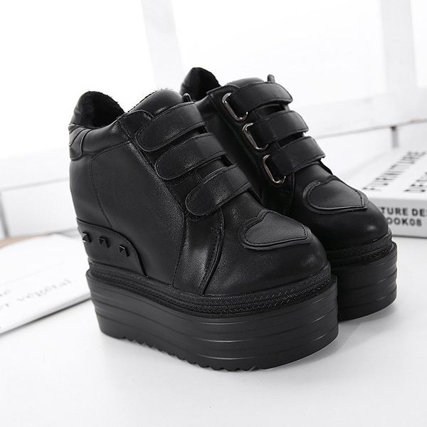 

new female korean style winter thick bottom laties waterproof platform casual women buckle strap hook loop high heel shoes, Black