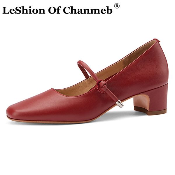 

handmade cow leather pumps women black red beige block medium square heels shoes woman knot mary janes pump shoe lady size 33-40