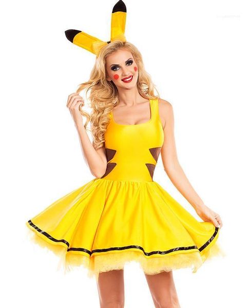 

women cosplay costume yellow cute stage clothes dress pika designer, Black;red