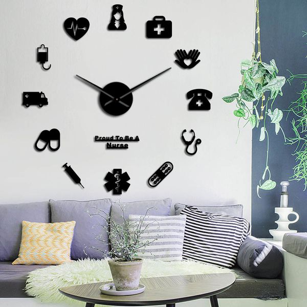 Stolz, eine Krankenschwester 3D DIY Mute Spiegeleffekt Wanduhr Drogerie Krankenhaus-Wand-Kunst-Dekor-Taktgeber-Uhr-Geschenk für Doktor Nurse Y200109 Be