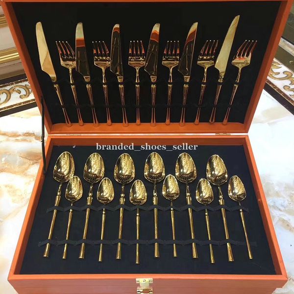 

luxurious golden color 24pcs stainless steel flateware set dinner steak knife fork teaspoon high-end dinnerware set