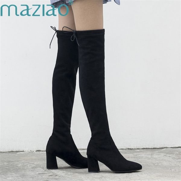 

boots shoes women black over the knee female autumn lady thick heels pointed toe tall maziao