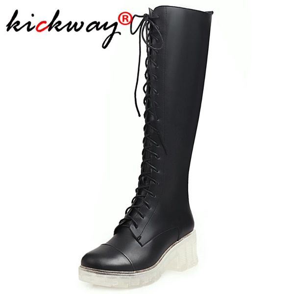 

aliona shoo woman winter shoes knee high boots lace up decoration clear bottom zipper boots women large sizes women shoes 34-43, Black