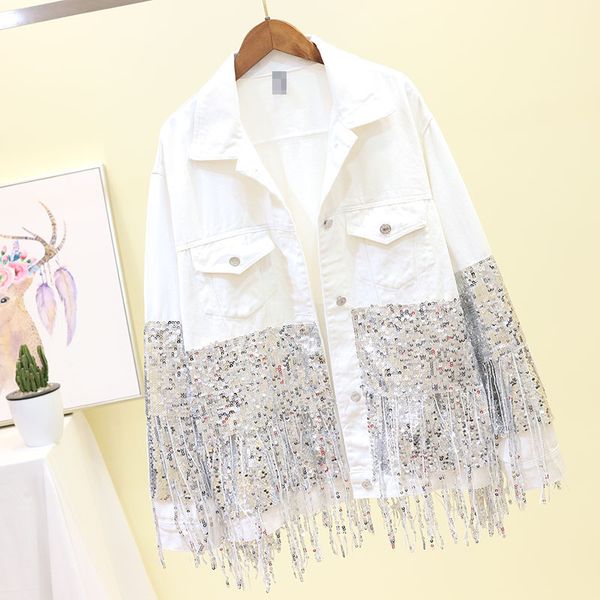 

2020 spring fashion punk black sequins jacket beading tassels women jeans coat cool clothes white denim jackets female lt672s30, Black;brown