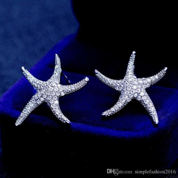 

starfish style earring white gold filled 5a clear diamond cz engagement wedding stud earrings for women festival gift, Golden;silver
