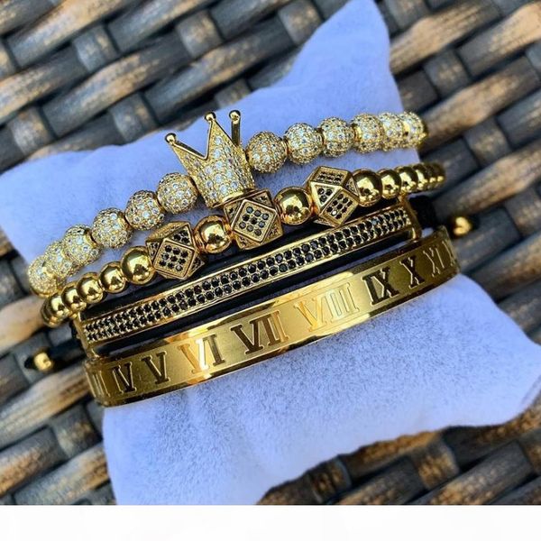 

fashion 4pcs set classical handmade braiding bracelet gold hip hop men pave cz zircon crown roman numeral bracelet luxury jewelry, Black