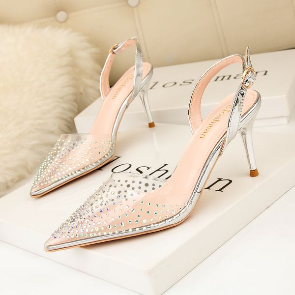 

dress shoes fashion rhinestone pvc transparent stilettos high heels sandals women pointed toe party silver wedding, Black
