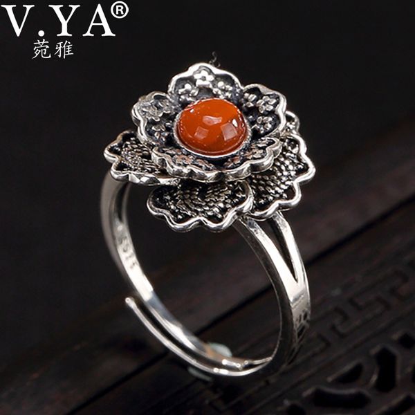 

cluster rings v.ya s925 sterling silver double flowers for women vintage thai floral open garnet fine jewelry, Golden;silver
