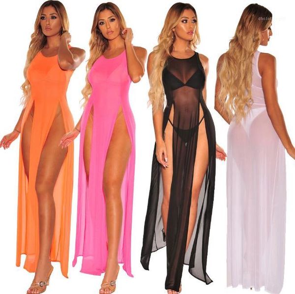 

split bikini dress fashion women summer dress women beach dresses sleeveless see through o neck, Black;gray
