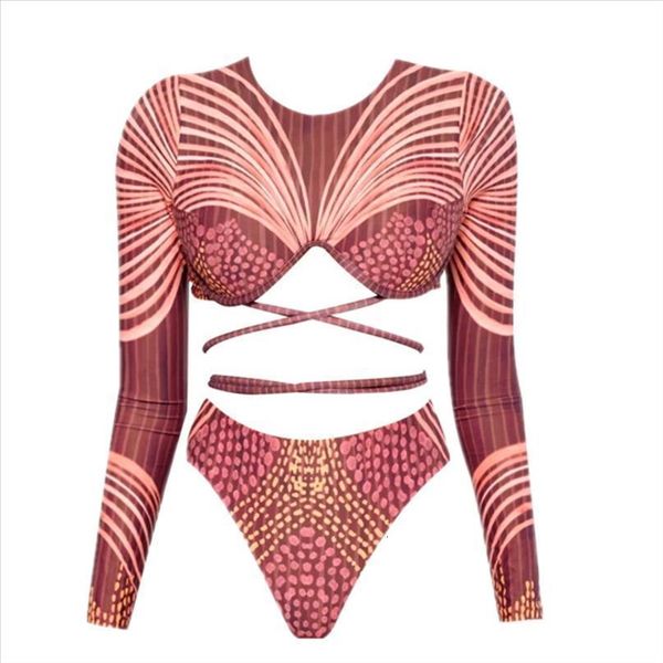

two pieces placement printed bikini set round neck swimsuit long sleeve swimwear 2020 new summer high cut bathing suits woman, White;black