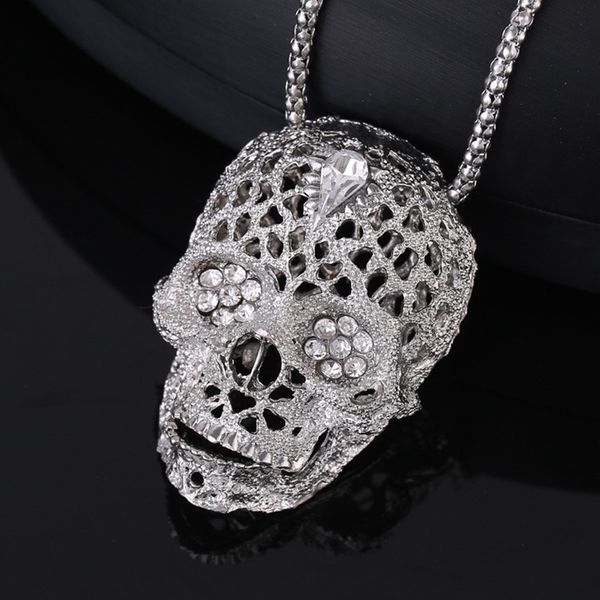 

fashion boutique mosaic zircon shiny skull man necklace wild retro long punk style sweater pendant banquet gift jewelry, Silver