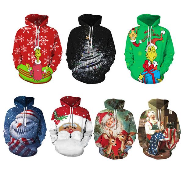 

santa claus christmas snowflake printed casual couple wear hooded sweater autumn winter long sleeve pullover jacket for men women d9301, Black