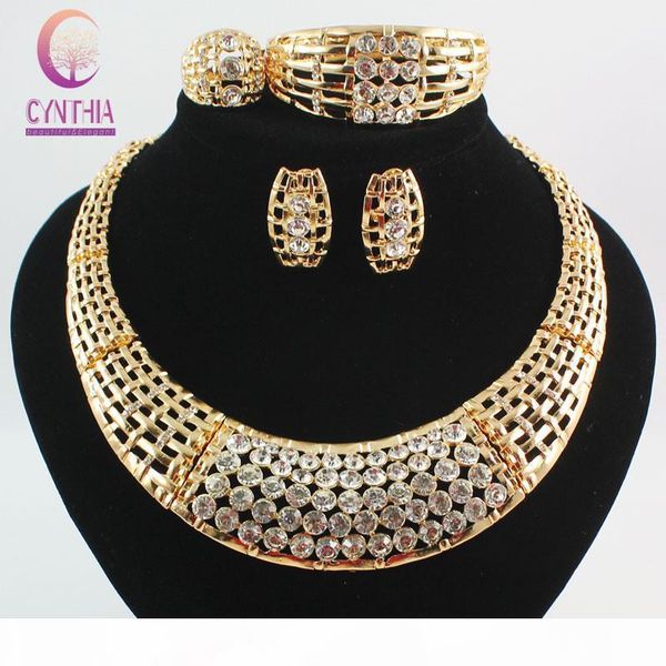

fashion african costume jewelry sets 18k gold plated crystal chunky necklace bangle earrings ring women bridal party gift set, Black