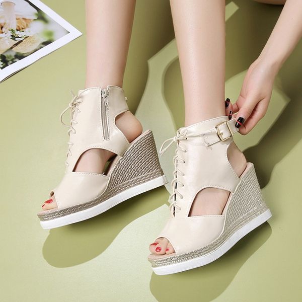 

slimming shoes summer high heels lace-up on a wedge peep toe nude pump 2020 slip om pumps all-match women's, Black