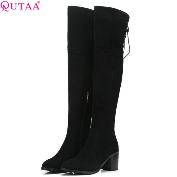 

boots qutaa 2021 women shoes cow suede over the knee high platform winter square heel fashion big size 34-39, Black