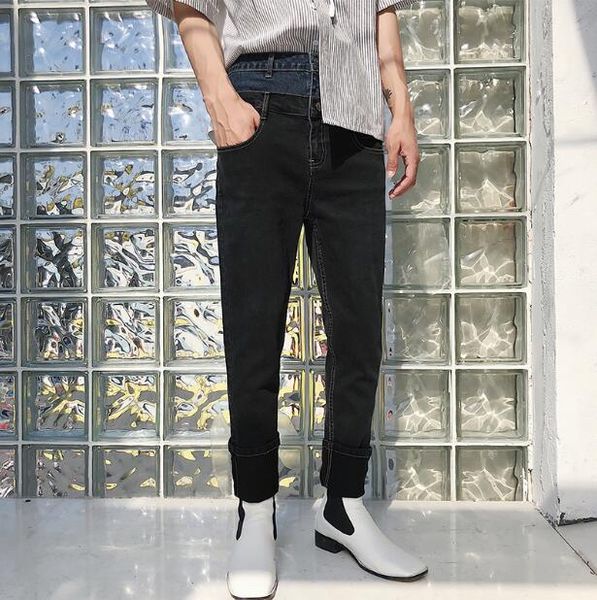 

2020 original design personality fake two jeans trend black blue patchwork denim pants