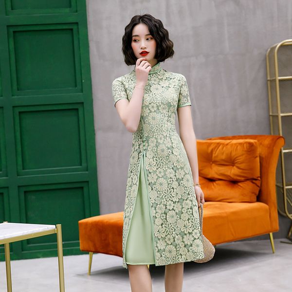 

ethnic clothing traditional chinese style chiffon cheongsam retro qipao summer short sleeve improved embroidery dress, Red